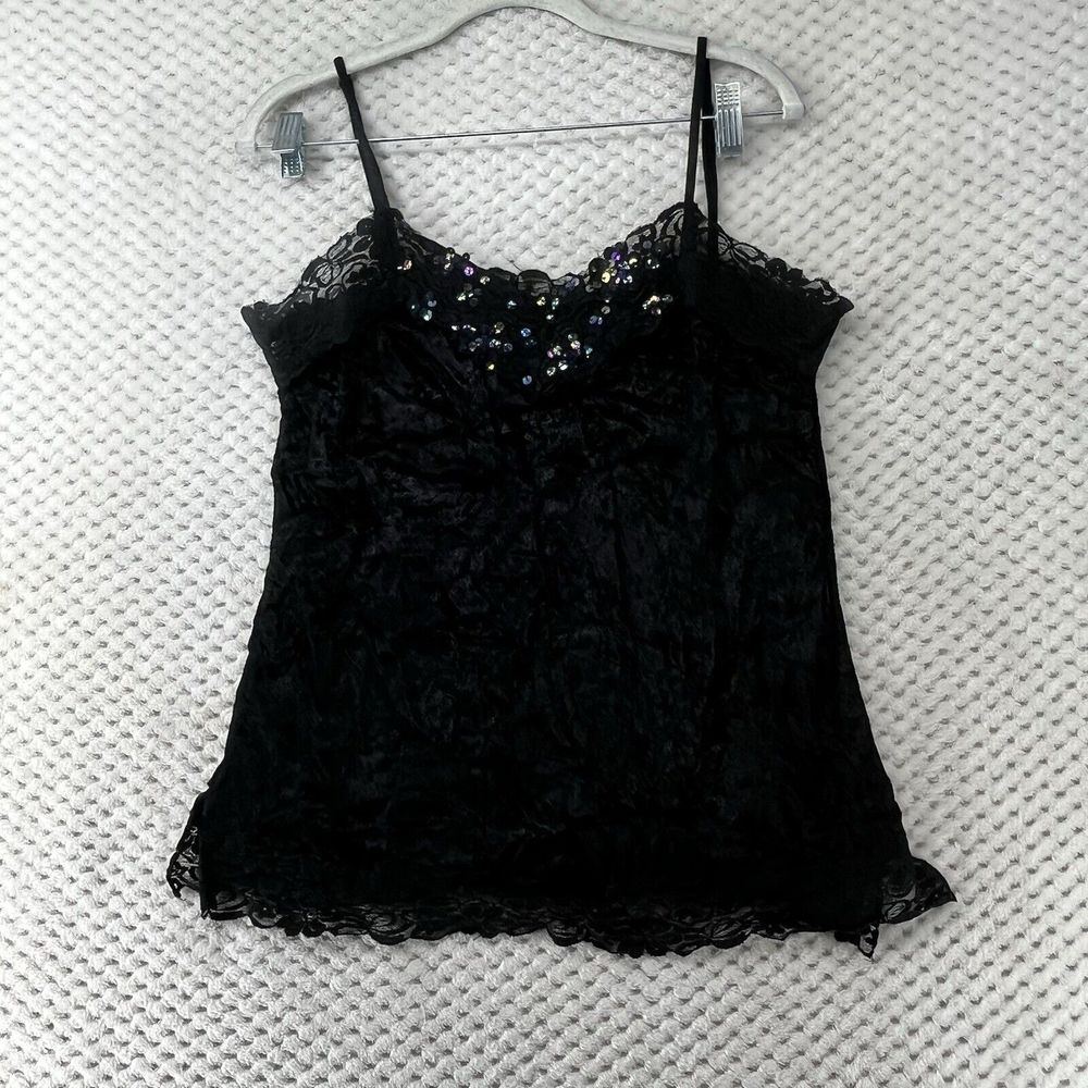 Y2K Black Velvet Cami Top Lace Trim Sequin Sultry Detail Sleeveless‎ Tank Top
